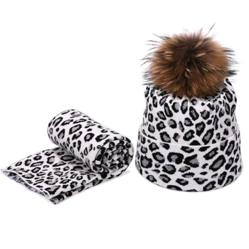 2021 Nauji 2vnt Žiemos Moterys Pompon Beanie Skrybėlių Šalikas Rinkinys Leopardas Šiltu Dirbtiniais Kailiais Pom Pom