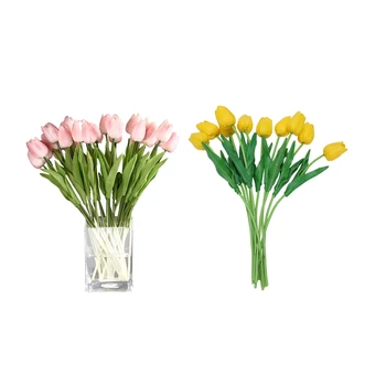20 Vnt Latekso Real-Touch-Tulpių Žiedų su Lapais, Vestuvių Puokštė Gėlių Dekoras - 10 Vnt. Geltonos spalvos Ir 10 Vnt. Rožinis
