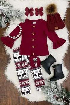2019 Kalėdų Bamblys Kūdikių Vaikai Mergina Kalėdos Kostiumas ilgomis rankovėmis raudona Šilta Apranga Marškinėliai Top Deer Kelnės atsitiktinis apranga rinkinys