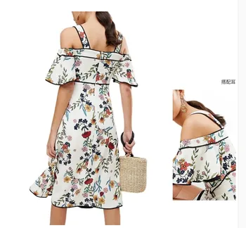 2019 Karšto pardavimo moterų mados velniop kaklo suknelės spausdinimo mergina atsitiktinis paplūdimio pynimas rankovės chalatai lady slim vestidos M, XL #A253