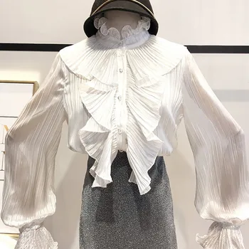 2019 m. Pavasarį ilgai žibintų rankovių stovėti apykaklės šifono ruffles marškinėliai moterims atsitiktinis palaidų raukiniai, palaidinės moterims, kaklaraištis šifono viršų