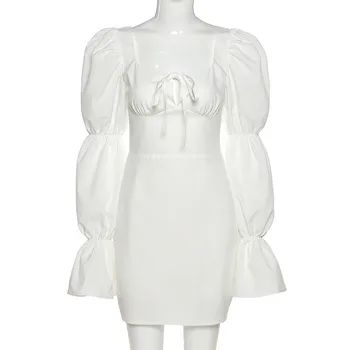 2020 M. Derliaus Atsitiktinis Bodycon Suknelė Moterims Žibintų Rankovės Elegantiškas Aikštėje Apykaklės Liesas Suknelės Tvarstis Moterų Rūbeliai Kietas Vestidos