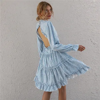 2020 m. Rudenį Moterų Suknelė Moteriška Gėlių Spausdinti ilgomis Rankovėmis Šalies Trumpa Mini Suknelė Gilia V-kaklo Suknelės Vestidos Derliaus Suknelės