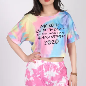 2020 metų Vasaros Mados Moterų, Mergaičių, tie dažai T-shirt O-kaklo Derliaus Viršuje Kvėpuojantis Laiškas Spausdinti trumpomis Rankovėmis Viršūnes Tee Gimtadienio Dovanos