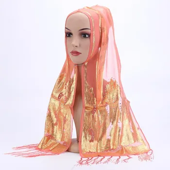 30*126CM Islamo Moterų Aukso Headscarves Šifono Diamond Skara Arabų musulmonų ilgai skarelė Didmeninės