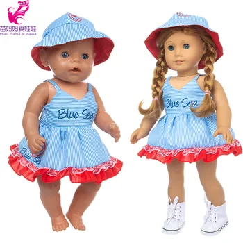 43 cm kūdikių lėlės drabužiai suknelė, skrybėlė nustatyti, 40cm Nenuco Ropa y su Hermanita 18 colių mergina lėlės mėlyna juosta, nėrinių suknelė
