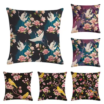 45cm*45cm Kinų stiliaus paukščių ir gėlių dizaino lino/medvilnės mesti pagalvių užvalkalus sofos pagalvėlė padengti namų dekoratyvinės pagalvės