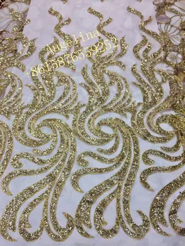 Afrikos išsiuvinėti tinklelio medžiagos klijuojami blizgučiai prancūzijos ju nėrinių audinio BZL-82787 aukso spalvos vestuvinė suknelė