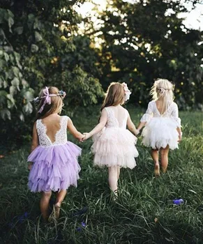 Backless Gėlių mergaičių Suknelės Vestuvėms-line Tiulio Nėrinių Kelio Ilgis Trumpas, Pirmos Komunijos Suknelės Mergaitės