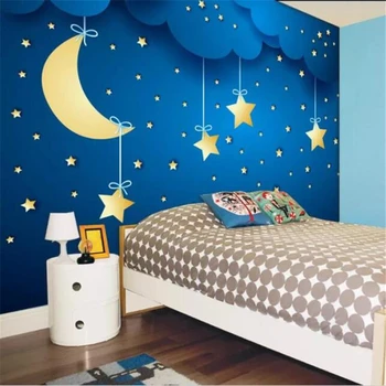 Beibehang Tapetai užsakymą didelis aukštos kokybės žvaigždėtą mėlyną mėnulį, žvaigždes, vaikų animacinių filmų fone sienos tėtis peint freskos 3d