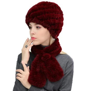 Elegantiškas Moteris, Real Rex Triušio Kailiu Beanies Kepurės Žiemą Šiltas Šalikas Rankomis Austi Dryžuotas Skrybėlės Rinkiniai Pūkuotas Minkštas 12Colors
