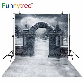 Funnytree fonas fotografijos studija Helovinas žiemos sniego vartų derliaus mėnulio magija fone, photocall photobooth