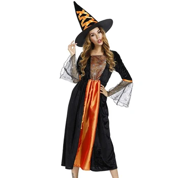 Halloween Kostiumai Ragana Kostiumas Moterims Suaugusiųjų Adulto Fantasia Ilga Suknelė ir Skrybėlė Cosplay Apranga Moteris