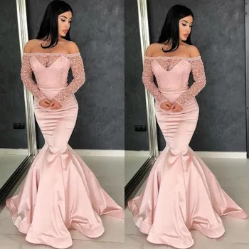 Ilgai arabų Undinė Vakaro Suknelės Blush Pink Off Peties Vien ilgomis Rankovėmis Blizga Duobute Elegantiška Prom Suknelė Turkija vestidos