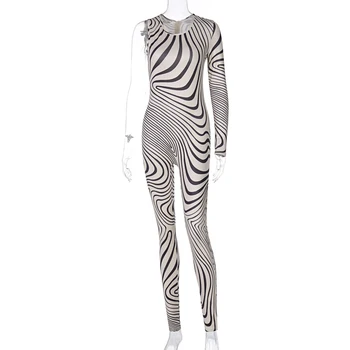 Ilgomis Rankovėmis Zebras Spausdinti Vieną Petį Liesas Bodycon Jumpsuit Rudenį, Žiemą Moterims Seksualus Streetwear Atsitiktinis Ilgai Rompers 2021 Naujas