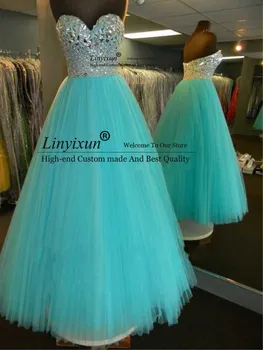 Imties vestidos de gala Brangioji Blizgučiai Liemenė Puoštas kalnų krištolas Zawalcowany Aqua Blue Promenadzie suknelė Mergaitėms Prom Dresses 2020 m.