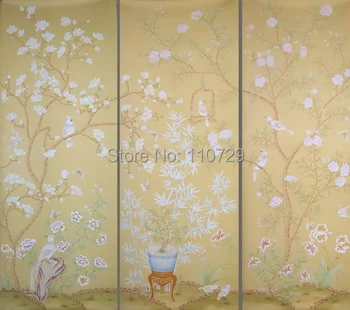 Individualų Rankomis dažyti šilko tapetai tapyba medžiai su gėlių/paukščių/drugelis ranka-dažytos sienos knygoje daug paveikslėlių, neprivaloma