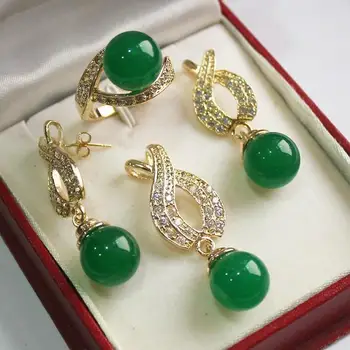 Karšta! gražus naujas juvelyriniai sidabro padengtą + 12mm žalia jades pakabukas, auskarai, , žiedas rinkinys