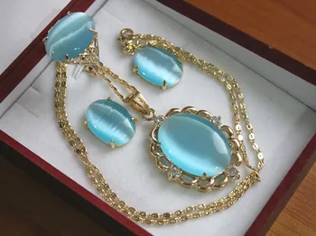 Karšto parduoti ~~ didmeninė elegantiškas gp Apdaila sky blue opal pakabukas karoliai, auskarai & žiedas, papuošalų komplektas