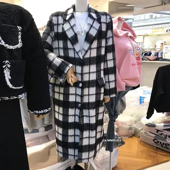 Korėjos Žiemos Paltai moterims 2021 Naujų Rudens prarasti pledas vilnonis kailis Streetwear Prarasti Atsitiktinis storas šiltas Ilgos Tranšėjos