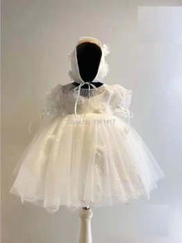 Kūdikių Bamblys Gėlių Nėrinių Suknelė tiktų Suknelė už 1 Pirmo Kūdikio Mergina Gimtadienio Komplektus Kūdikių Krikšto Suknelė 2 vnt suknelė+hat