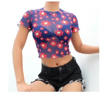 Mados 2021 m. vasarą Moterys, t-shirt Slim akių Viršūnės Saulė gėlių spausdinti seksualus marškinėlius atsitiktinis derliaus Tees marškinėliai femme
