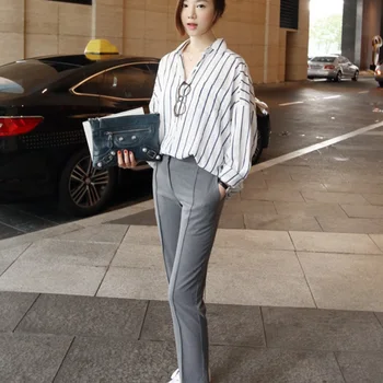 Mados Moterų Korėjos Stiliaus Didelis Dydis Dryžuotas Medvilnės Marškinėliai Palaidinė Elegantiškas Vasarą Clothes2021