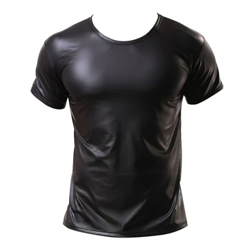 Mados Vyrų Dirbtiniais Odos vientisos Spalvos Elastinga viršutinė Juosta Etapo Rezultatus Slim T-shirt 