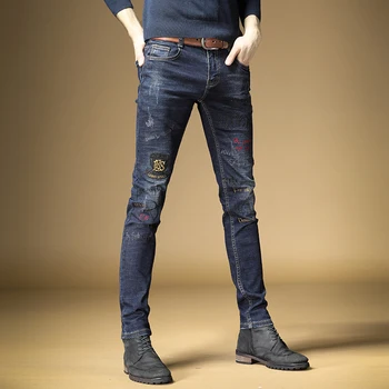 Mados Vyrų Siuvinėjimo Blue Jeans Streetwear Ruožas Džinsinio Audinio Kelnės Tiesios Slim Fit Kelnės