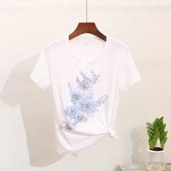 Mados Zawalcowany T-shirt Moterims, Vasaros Trumpos Rankovės Naujas Vaiskiai Balta trimatis Gėlių Aplikacija China Viršuje Marškinėlius Tee Marškinėliai