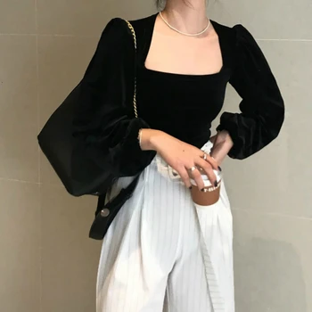 Marškiniai, Palaidinės Moterims Ilgio Sluoksniuotos Rankovėmis Derliaus Juoda Retro Paprastas Elegantiškas Korėjos Prašmatnus Viršūnes Veliūras Slim Pagrindinio Atsitiktinis Elegantiškas 2021