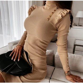 Megztiniai Golfo Raukiniai Moterų Mini Suknelė Mygtuką Ilgomis Rankovėmis Bodycon Apvalkalą Moteriška Šalis Elegantiškas Suknelės 2021 M. Pavasarį, Rudenį Naujas