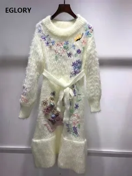 Megztinis Suknelė 2020 Metų Žiemos Mados, Stiliaus Moteris Moheros Mezgimo Emroidery Gėlės Diržo Deco Ilgomis Rankovėmis Atsitiktinis Šiltas Megztinis Suknelė