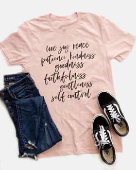 Meilės, džiaugsmo, taikos, kantrybės, gerumo, gerumą, ištikimybę švelnus ir savęs valdymo marškinėliai religijos Krikščionių Biblijos citata tees