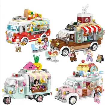 Mini automobilių Pardavimas blokai įspūdį surinkimo žaislas Pica, kavos, ledų, vaisių sunkvežimis vaikams žaislas Kalėdų dovana