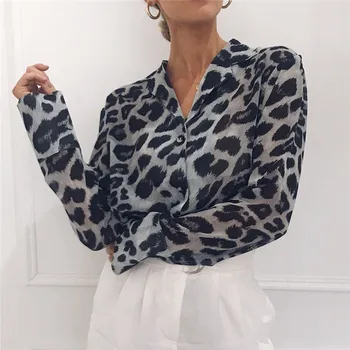 Moteriški Leopardas spausdinti Viršūnes ir Palaidinės, Elegantiška Ponia Prarasti Ilgą Šifono Rankovėmis Marškinėliai blusas femininas elegante chemise femme