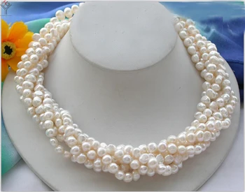 Moterų Papuošalai 6x7mm pearl 5 eilių karoliai white pearl baroko butas perlų rankų darbo nekilnojamojo natūralių gėlavandenių perlų dovana