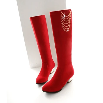 Moterų žiemos batai Platformos Kelio ilgi Batai Sweet Mados 4.5 CM Aukštakulniai Raudonos Pulko Ilgi Batai Moteris pliušinis šiltas Juodi Batai 926