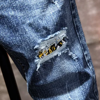 Mėlyna Ripped Jeans vyriški Naujas Geltonos spalvos Atitikimo Kratinys Džinsai Kankina Ruožas Slim Kelnės Plauti Motociklą Hip-hop Streetwear