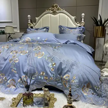 NAMŲ-2021-High-End Europos Stiliaus Teismas Siuvinėjimo Egipto medvilnės patalynės komplektas king size lova šalikas