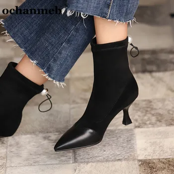 Ochanmeb naujausias mados moterų elegantišką perlų elastinga dirbtiniais zomšos batai moteris plonas aukštos obcasie kulkšnies kojinių batai juodi batai šalis