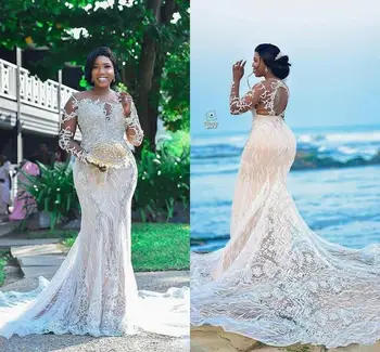 Plus Size Paplūdimys Vestuvių Suknelės Ilgomis Rankovėmis 2021 Vien Brangakmenis Kaklo Visą Nėrinių Aplikacijos Skylutę Atgal Pajūrio Afrikos Vestuvių