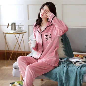 Ponios aksomo, patogumas ir šiluma pižama dviejų dalių sutirštės V-kaklo megztinis ilgomis rankovėmis palaidų montavimo namų kostiumas JJF0059