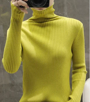 Ponios aukšto kaklo vientisos spalvos rudenį ir žiemą ilgomis rankovėmis megzti megztinis