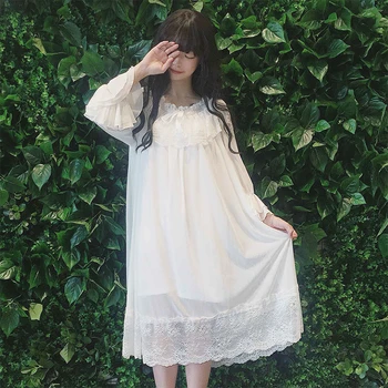 Princesė saldus lolita nightgowns Japonijos saldus, minkštas sesuo vasaros derliaus ilgomis rankovėmis nėrinių gryna spalva nightgowns MLBZ016