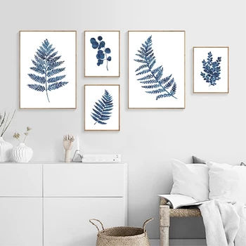 Rašalo mėlyna paparčio spausdinimo spalva indigo lapų augalų meno drobė plakatas, rašalo mėlyna eukalipto lapų dažymas šeimos sienų apdaila