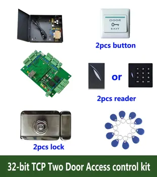 RFID kortelė 32-bitų prieigos kontrolės rinkinys,TCP dviejų durų įeigos kontrolė+galia+pažangi išjungti užrakto+ID reader+mygtukas+10 ID tegus,komplektas-T209