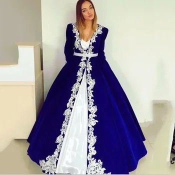 Royal Blue Caftan Promenadzie Suknelė Ilgomis Rankovėmis Linijos, V Kaklo Nėrinių Appliques Kaftan Vakare Gown Ilgai Arabų Šalis Suknelė