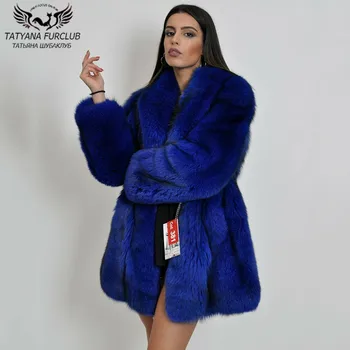Royal Blue Nekilnojamojo Silver Fox Fur Coat 80cm Ilgio Mados Žiemos Naujų Sveikos Odos Originali Lapės Kailinius Su Atvartas Apykaklės, Prabangūs Paltai