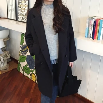 Rudenį ir žiemą naujas korėjiečių moterų vilnonis kailis Plonas buvo plonas ir didelis dydis vientisos spalvos dvieiliai vilnonis paltas